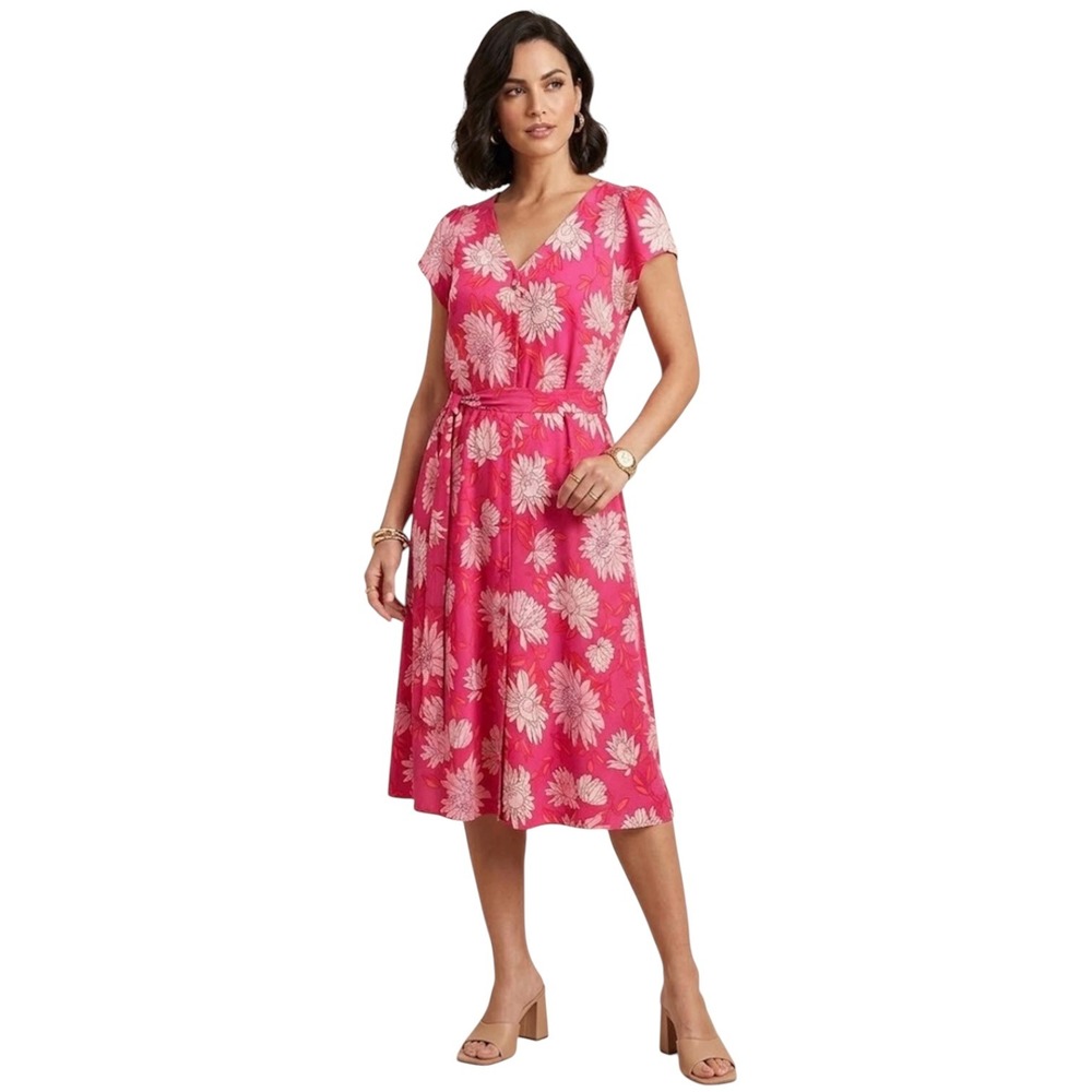 Talbots Chrysanthemum Pink Red Floral Midi Dress Short Sleeve Belted V-Neck 12
